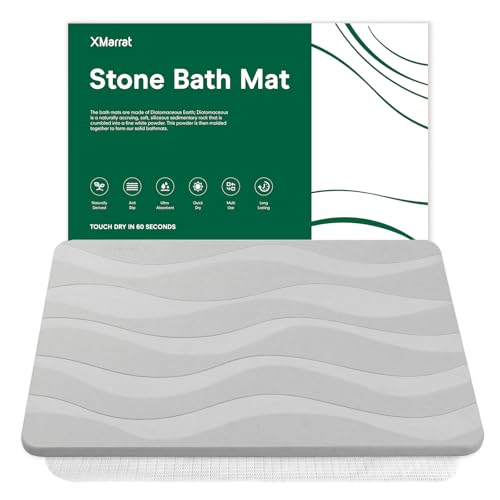 XMarrat Stone Bath Mat, 23.6'' x 15.4'' Super Absorbent Diatomaceous Earth Bath Mat Large, Quick Drying Non-Slip Diatomite Stone Bath Mats for Bathroom, Easy to Clean (Light Gray)