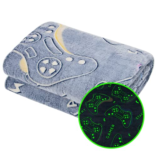 "Gitrat Glow in The Dark Gaming Blanket, Game Controller Theme, 40""x50"", Black Fleece, Kids Unisex, Home Gaming"