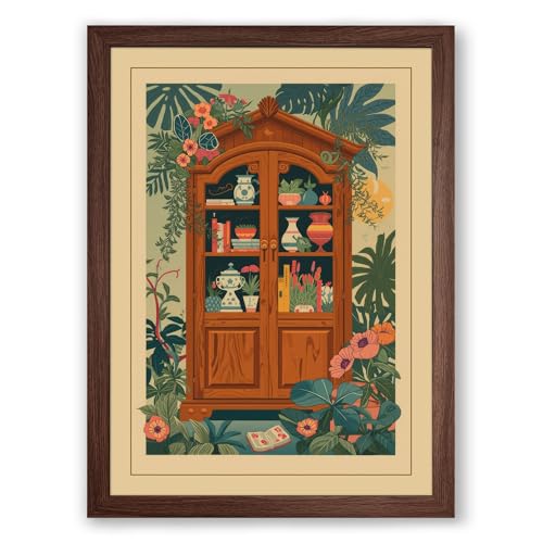 Cabinet of Curiosities Art Deco Framed Wall Art Print A1 (84.1×59.4cm) Walnut, Wall Decor for Living Room, Bedroom, Office & Home, Ready to Hang, Art Gift