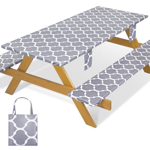 memKiya Picnic Table Cover with Bench Covers 96??30 Inches Fitted 3 Piece Camp Tablecloth with Elastic Rectangle Camping Cloths for Outdoors Waterproof Cloth RV Accessories Covers for 8 Foot Tables