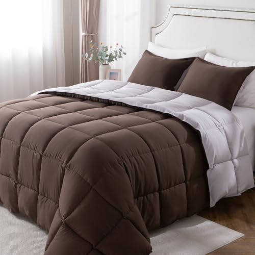 KASENTEX All Season Down Alternative Quilted Comforter Set Reversible Ultra Soft Duvet Insert Machine Washable (California King Set, Silver Cloud/Chocolate Brown)