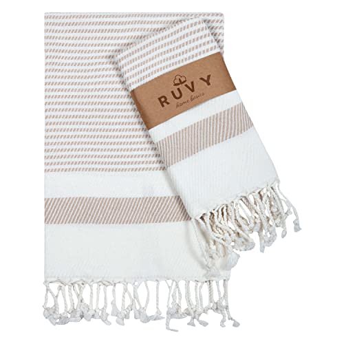 Ruvy Home Basics Turkish Hand Towels Set of 2 - 16x40 inches, 100% Turkish Cotton - Bathroom, Kitchen, Yoga, Gym, Spa, Tea, Dishcloth, Face - Beige