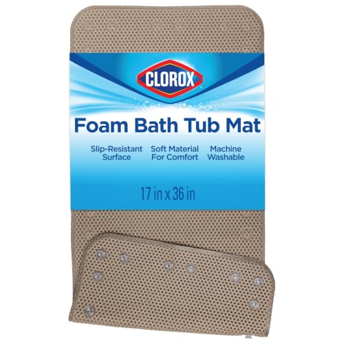 "Clorox by Duck Brand Cushioned Foam Bathtub Mat, Non Slip Bath Mat with Suction Cups For Comfort and Safety, 17"" x 36"", Taupe"