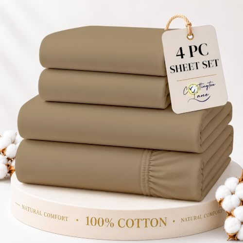 Cottington Lane 100% Cotton Twin XL Sheet Set, 4 Piece Taupe Luxury Hotel Quality Sheets, Deep Pocket Fits 8-16 Inch Mattress, Breathable, Durable, Cooling Sheets with Smooth Satin Weave