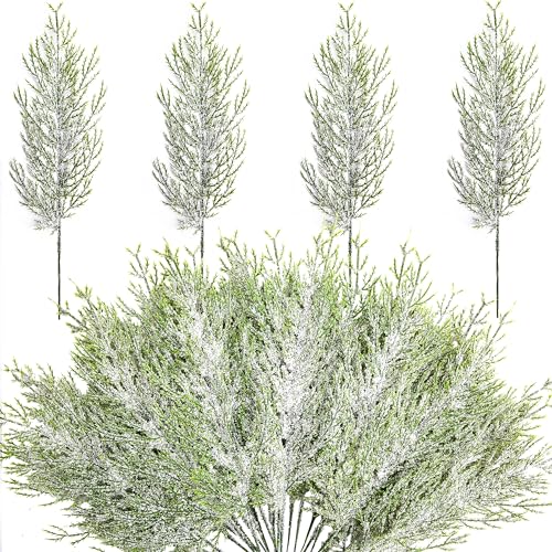 "Alpurple 50 Pcs Christmas Snow Frosted Pine Branches- 13.5"" Snowy Artificial Pine Needles Branches Twigs- Greenery Ceder Sprigs Pine Picks Stems for Christmas Wreath Home Garden Decoration"