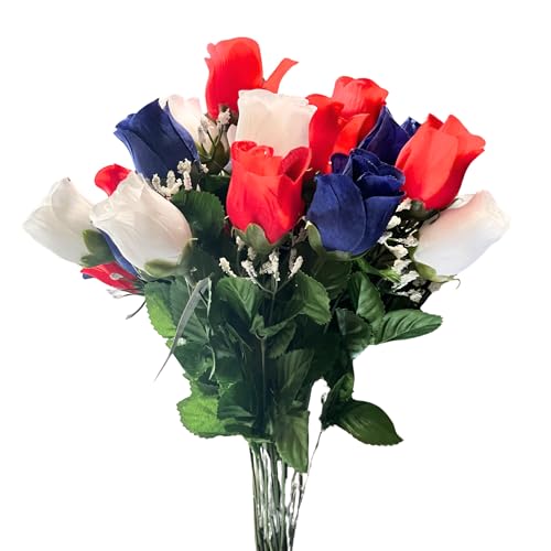 Admired By Nature 14 Stems of Artificial Blossoms Rose Bush for Home Office, Wedding and Restaurant Decoration Arrangement, Red/White/Blue