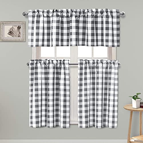 Hiasan 3 Piece Semi Sheer Kitchen Curtains - Light Filtering Buffalo Plaid Tier and Valance Window Curtains Set, Grey and White, 52 W x 18 L (1 Panel) + 26 W x 36 L (2 Panels)