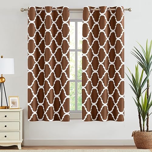 Melodieux Moroccan Printed Room Darkening Blackout Grommet Curtains for Bedroom Small Windows, 42 by 45 Inch, Brown (2 Panels)