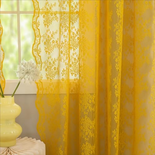 YJ YANJUN Mustard Yellow Sheer Curtains 63 Inch Length 2 Panels Elegant Gold Lace Curtains Boho Privacy Drapes for Living Room,Bedroom Dining Room Autumn Fall Decor W52 X L63 inch Mustard Gold