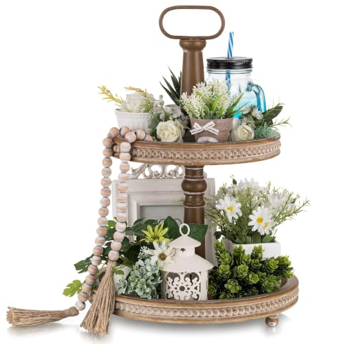 Hanobe Decorative Wooden Tiered Tray Round 2 Tier Stand Decor, Brown - Farmhouse Beaded Trays for Kitchen Coffee Table, Centerpiece, Kitchen Counter, Easter, Spring, Valentine's Day