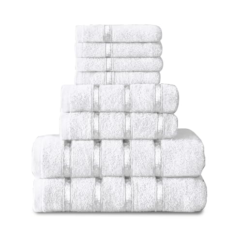 GC GAVENO CAVAILIA 8 Piece White Towel Bale Set, Quick Dry Highly Absorbent Cotton Towel Sets Bathroom, 450 GSM Towels Sets, 4x Face Towel 2x Hand Towels 2x Bath Towels
