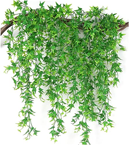 Artificial Hanging Vines, Fake Vine Plastic Plants Sweet Potato Leaves Ivy UV Resistant Greenery D??cor Faux Flowers for Indoor Outdoor Garden Door Wall Wedding Party Table Decoration Green 4 Pack