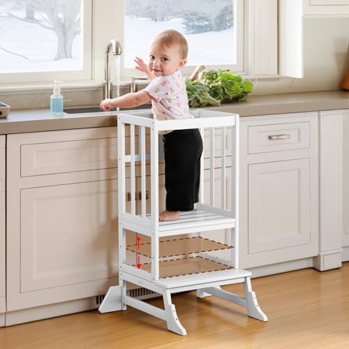 COSYLAND Toddler Step Stool - Height Adjustable Toddler Standing Tower for Kitchen Counter and Bathroom Sink - Kids Kitchen Stool Helper with 4 Stabilizing Blocks (White)