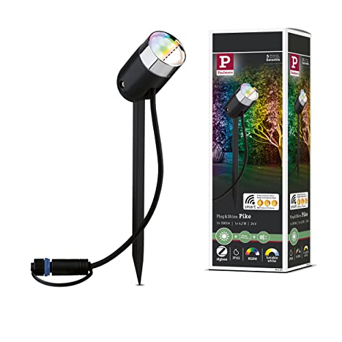 Paulmann Plug & Shine LED Garden Spotlight, Pike, 4.5W, 3000K, Anthracite - RGBW colour change, adjustable, IP65, with ground spikes, compatible with smart home Gateways