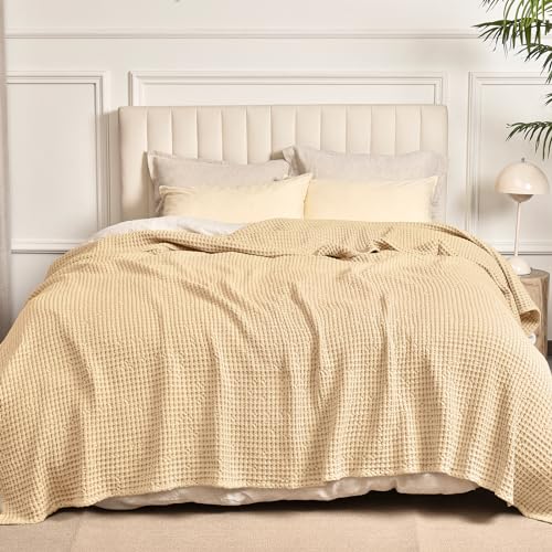 "PHF 400GSM 100% Washed Cotton Waffle Weave Blanket, Cozy Breathable Skin-Friendly Throw King Size for All Season, Luxury Fall Layer Bedspread for Couch Bed Sofa, Elegant Home Decor,Beige,104""x90"""