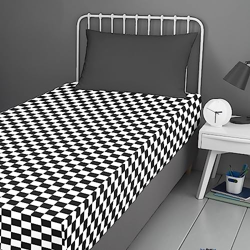Bedlam Black & White Checkered Fitted Sheet – Single Size 190 x 90 x 25cm – Soft Touch Bed Sheet – Tile Pattern Bedding in Black/White – Matching Duvet Cover Available – Stylish Bedroom Linen