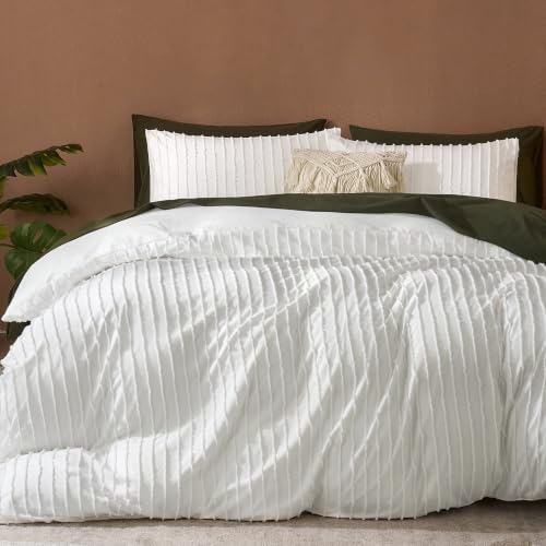 JELLYMONI White Duvet Cover Full Size Bedding - 3PCS Microfiber Tufted Duvet Cover Set, Boho Striped Tufted Textured Duvet Cover with Corner Ties & Zipper Closure