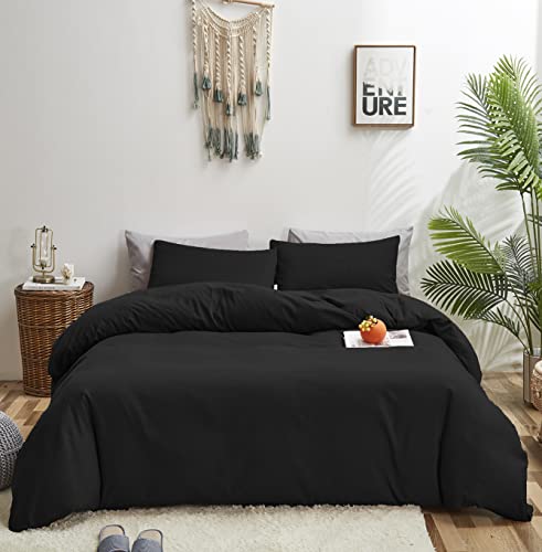 KAREVER Black Comforter Queen Fluffy Bedding Set Solid Dark Color Soft Durable Queen Blanket Women 3 Pieces Breathable Lightweight Black Comforter Set Queen Size