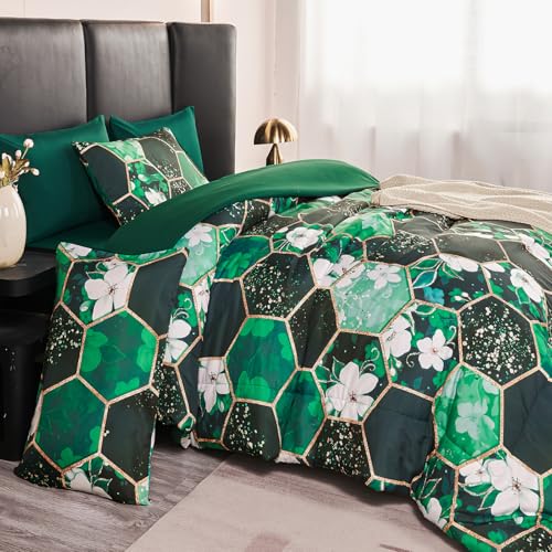 ZRNBAST Emerald Green Comforter Set King, 7Pcs White Floral Hexagon Bed in A Bag, Soft Geometric Bedding Sets with Sheets Pillowcases for Women Men(Green Floral,King)