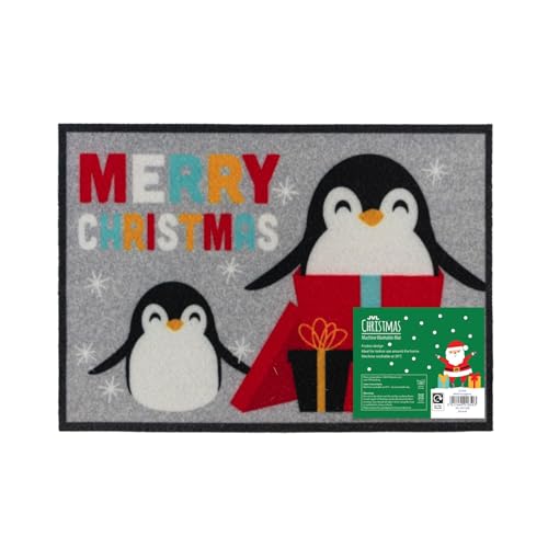 JVL Christmas Machine Washable Door Mat - Penguins- 40x57cm