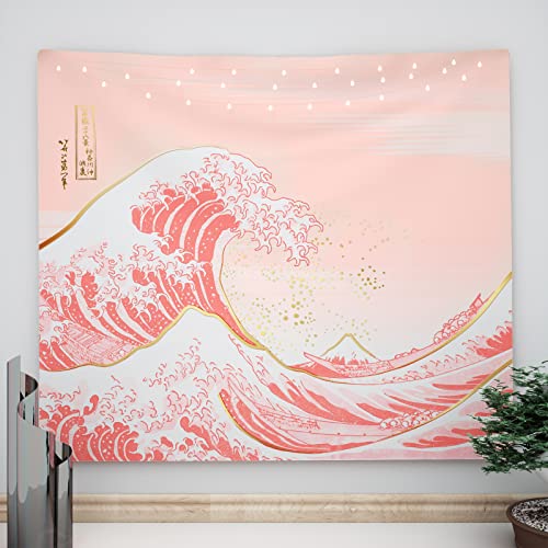 "Ovenbird Wave Tapestry Pastel Pink and Gold, Japanese Tapestry for Bedroom Aesthetic, Cute Large Tapestry Wall Hanging, Light Pink Wall Tapestry, 59"" X 78"""