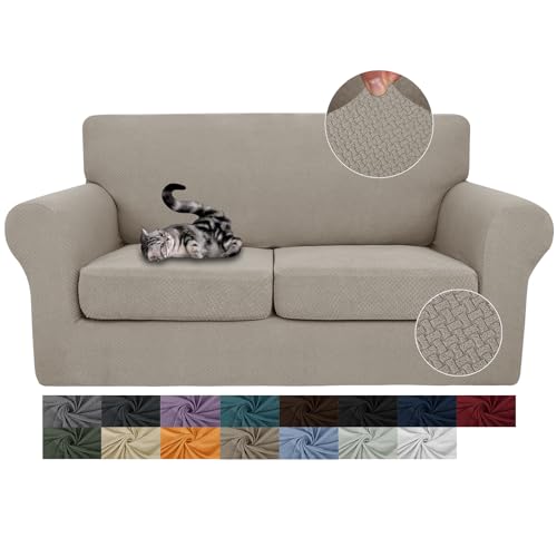 JIVINER 3 Pieces Stretch Couch Covers for 2 Cushion Couch Fitted Thick Loveseat Sofa Slipcover with 2 Seat Cushion Covers for Living Room Pet Dogs (Loveseat, Khaki)