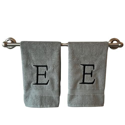 Gray with Black Monogrammed Hand Towels for Bathroom - Set of 2 Letter E - Luxury Hotel Quality Initial Towels For Powder Room, Spa, GOTS Organic Certified