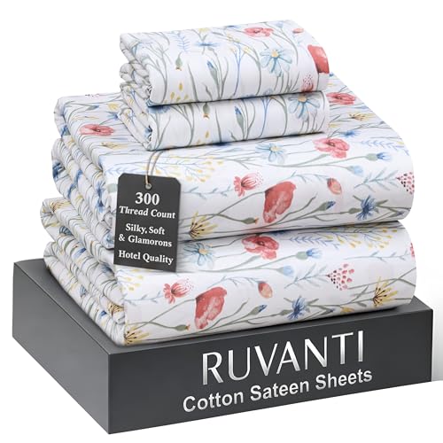"Ruvanti 100% Cotton Sateen Sheets California King Size, Sweet Pea Fest - Cal King Sheets 300 Thread Count 4 Piece Set, 14"" Deep Pocket, Cooling Bed Sheets For Hot Sleepers, Breathable & Durable"