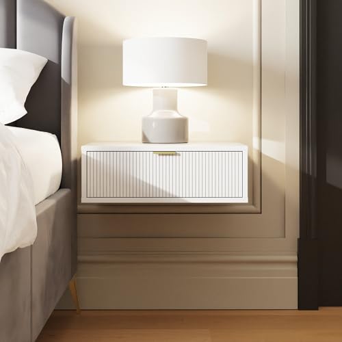 GFW Sienna Floating Bedside Table Set of 2 with Ribbed Fronts, Wall Mounted White Nightstands with Drawer Storage