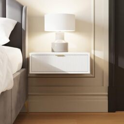 GFW Sienna Floating Bedside Table Set of 2 with Ribbed Fronts, Wall Mounted White Nightstands with Drawer Storage