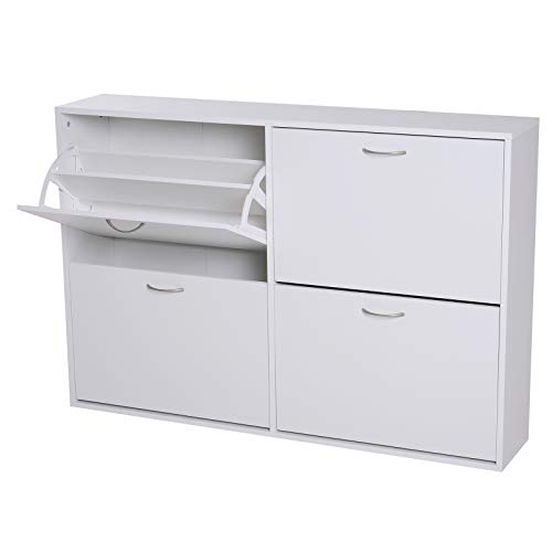 homcom Wooden 4 Drawer Shoes Cabinet Pull Down Shelf Storage Organiser - White