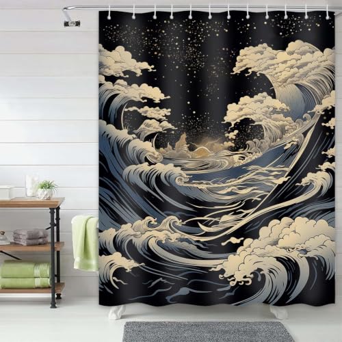DLTAY Great Waves Anime Extra Long Shower Curtain, Tall 72x84 in - Tall 84 inch XL, Floor to Ceiling, Great Waves Pattern, Masculine Bathroom Decor, Waterproof Polyester Fabric, Plastic Hooks