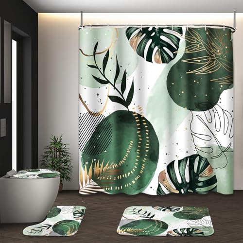 Tayney Sage Green Boho Shower Curtain Set with Toilet Lid Cover and Non-Slip Rugs, Mid Century Plant Abstract Olive 4 Pcs Modern Shower Curtain for Bathroom Set with 12 Hooks