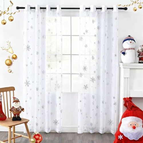 Youleyar Snowflake Christmas Voile Sheer Curtains, Luxury Silver Foil Print, Metallic Bronzing Treatment Pair for Holiday Window Decoration, Living Room, Set of 2 Panels White 52Wx84L
