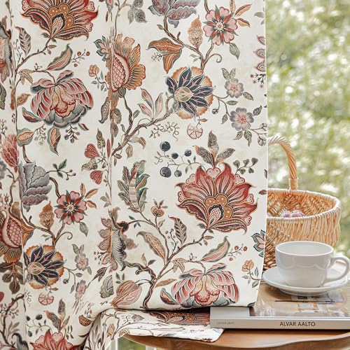 Fmfunctex 100% Boho Blackout Beige Floral Curtains 90 Inch Grommet 2 Panels - 100% Black out Drapes, Flower Patterned, Vintage Farmhouse, Grommet Top, Thermal Insulated, for Bedroom Living Room