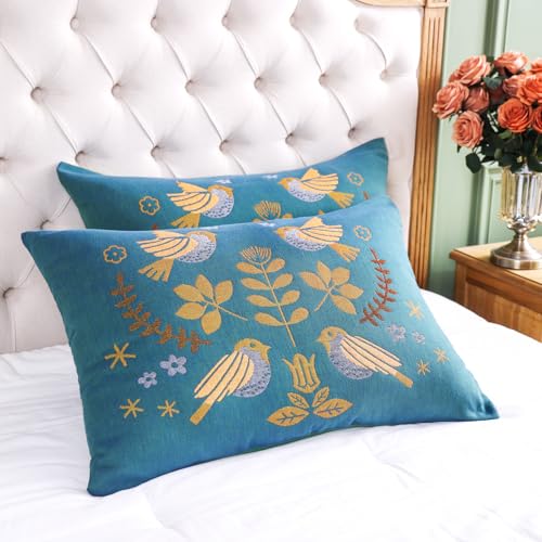 "1000 TC Pillowcases Set of 2-100% Organic Washed Cotton 20""x26"" Standard Pillow Cases with Envelope,Bird Pattern Skin-Friendly Boho Soft Thick Bed Pillow Cover for Comfy Sleeping"