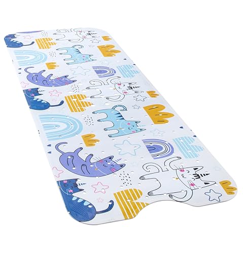 YINENN Bath and Shower Safety Mats 40x16 inch, Non Slip with Suction Cups for Bathroom Stall and Tub Floor, Extra Large and Machine Washable, Drain Holes Keep Bathtub Clean, Colored Cats