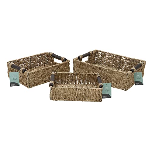 JVL Seagrass Set of 3 Rectangular Storage Baskets with Wooden Handles, Natural