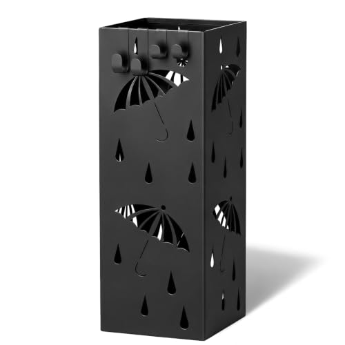 VOUNOT® Metal Umbrella Stand, Square Umbrella Holder, Freestanding Umbrella Storage Rack with Drip Tray & 4 Hooks for Entryway, Home, Office, 15.5 x 15.5 x 43.5 cm, Black