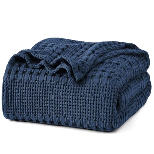 "PHF 100% Cotton Waffle Print Blanket Queen Size Summer Blanket Luxurious Soft Breathable Skin Friendly Texture for Sofa 90""x90"", Navy Blue"