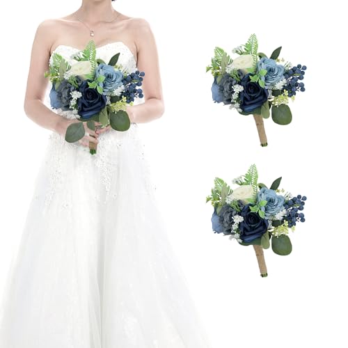 HOMENERGY Set of 2 Bridesmaid Bouquets for Wedding - 7 Inch Artificial Flowers Bouquets for Ceremony Anniversary Centerpieces Decorations - Navy Blue and White