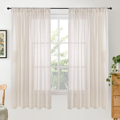 BGment Oatmeal Linen Semi Sheer Curtains 63 Inch Length for Living Room - Rod Pocket Light Filtering Drapes Lightweight Camel Window Treatments for Bedroom Farmhouse, 2 Panels Set, 52 X 63 Inch