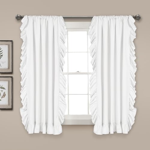 "Lush Decor Reyna Ruffle Window Curtain Panel Set for Living, Dining, Bedroom (Pair), 54"" W x 45"" L, White"