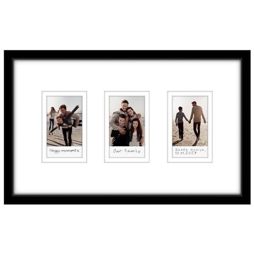 Americanflat 7x12 Picture Collage Frame in Black - Instant Mini Film Frame with Double White Mat, Shatter-Resistant Glass Cover and Easel Stand