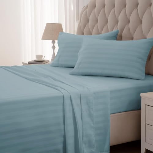 SLEEP ZONE Striped Cooling Twin Sheets Set for Kids - Fitted Flat Sheet & Pillowcase Sets 3 Piece - Super Soft Stripe Bed Sheet, Easy Care, Deep Pocket (Flint Blue, Twin)