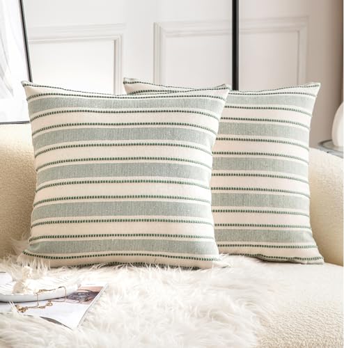Cethom Decorative Boho Throw Pillow Covers, Farmhouse Textured Pillow Case, 18 x 18 Inch Set of 2, Chair Sofa Bedroom Living Room Home Decor Couch Cushion Case, Green and Beige Striped