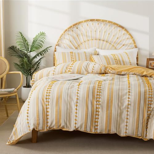 La Sheer Washed Cotton Full Size Duvet Cover Set - Tufted Dots Boho Chic Bedding for All Seasons, Striped Bohemain Bedding Linen Like Textured Breathable Durable Soft Comfy (Yellow, 89''x90'')