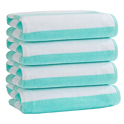 "Market & Place 100% Cotton Velour Cabana Stripe Beach Towel Set 30"" x 60"" - Ultra Soft, Plush, & Highly Absorbent Towels for Pool, Beach, & Swimming. Marina Collection (4-Pack, Sea Green)"