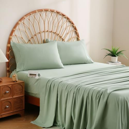 JSD Sage Green King Size Sheet Set with Side Storage Pocket, 4 Piece Soft Brushed Microfiber Bed Sheets 16 inch Extra Deep Pocket