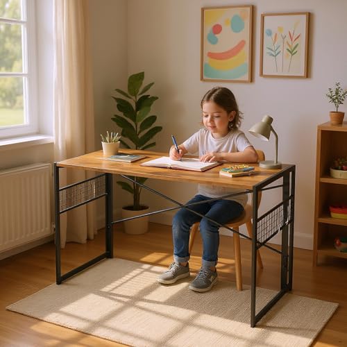 FurnitureR Industrial Folding Kids Desk Workstation with Grid Panels, 100 cm x 50 cm, Rustic Brown and Black Metal Frame, Vintage
